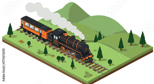 Vintage steam train on scenic railway with rolling hills and trees in isometric art