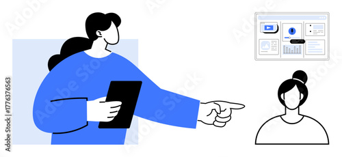 Person with tablet gestures to team member near data dashboard screen, focusing on collaboration, analysis, mentorship, leadership, teamwork, communication, education. Ideal for simple flat metaphor