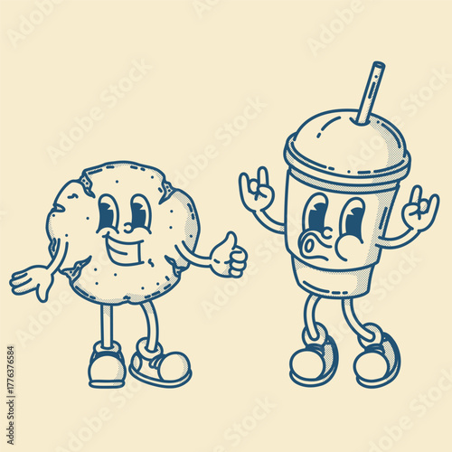 Happy retro mascot cookie and coffee to go with straw character, smiling, thumbs up. Menu, homemade bakery symbol