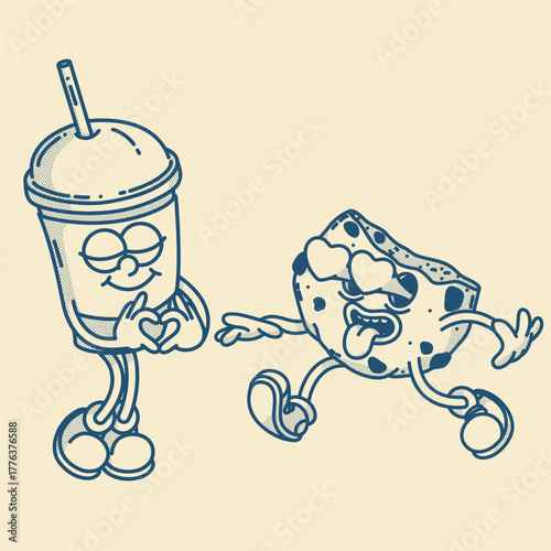Happy retro mascot cookie and coffee to go character, smiling, love heart gesture. Menu, homemade bakery symbol