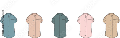 Collection of colorful short-sleeved button-down shirts with pockets, ideal for warm weather apparel