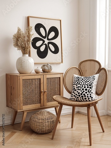Scandinavian Style Interior Corner, Rattan Wooden Furniture with Abstract Geometric Decorative Painting Natural Minimalist Space
