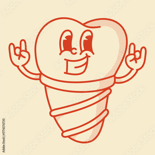 Playful tooth implant character - cute 70s-80s vector art for dental surgery marketing and education
