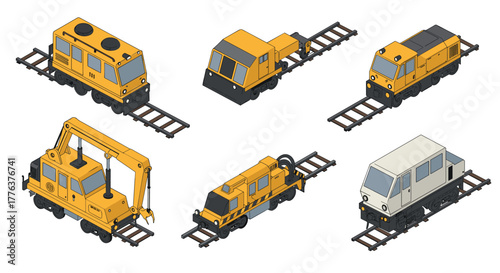 Isometric industrial rail maintenance vehicles collection on tracks