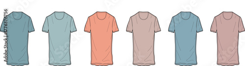 Vector illustration of a basic t-shirt collection in a variety of soft, pastel colors. Blank apparel mockup template for fashion and clothing design