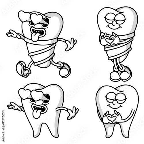 Retro dental duo: playful implant and natural tooth mascots. Vintage handdrawn style for implantology education and clinic branding