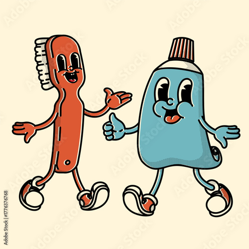Groovy 70s-80s dental mascot duo - toothbrush & toothpaste in vibrant retro style. Perfect for clinics and oral care branding