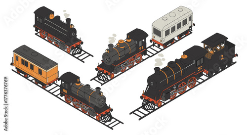 Vintage isometric train models with steam engines on tracks