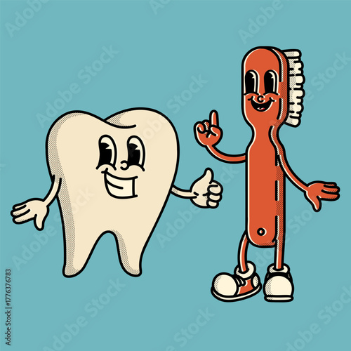 Retro tooth and toothbrush mascots waving and high-fiving! Colorful 70s-style duo promoting fun oral care and dental health
