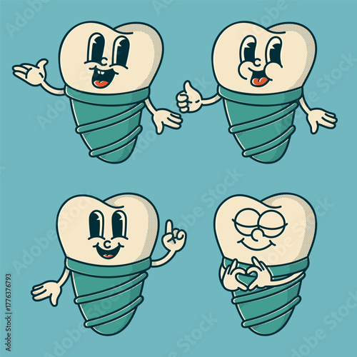 Retro implant team with gestures - pointing, thumbs up and hearts. Vintage dental mascots for clinic education and implantology branding