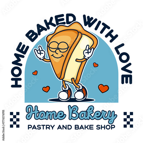 Vintage pie mascot logo with home bakery text and baked with love message ready vector design