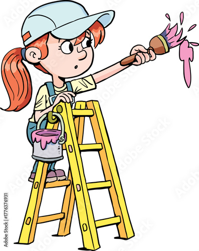 girl painter on a ladder paints with pink paint2.eps