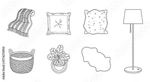 cozy home interior items blanket pillows basket plant rug  lamp perfect for illustrating interior design relaxation and creating a comfy atmosphere.