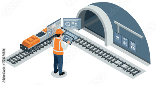 Isometric smart railway management system with digital controls and tunnel