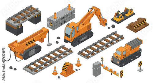 Construction equipment and railway elements in isometric style