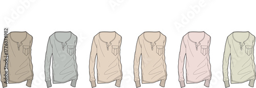 A curated collection of comfortable long-sleeve Henley shirts presented in a spectrum of versatile, muted colors, perfect for everyday casual wear and timeless fashion