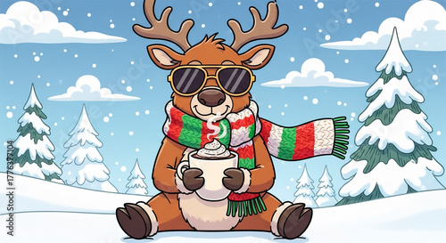 Illustration of a reindeer wearing sunglasses and a colorful scarf, sitting in a snowy landscape and enjoying a steaming mug of hot chocolate with whipped cream