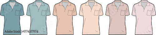 Stylish vector illustration of six men's short-sleeved polo shirts, presented in a delightful palette of pastel and earthy colors, perfect for casual fashion and apparel design concepts