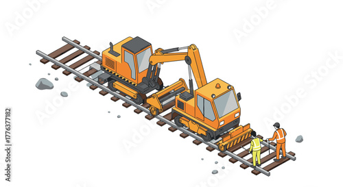 Isometric construction scene with excavators and workers on railway tracks