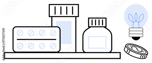Pills in a blister pack, medicine bottles, coin, and glowing light bulb symbolizing health, innovation, finance, science, and problem-solving. Ideal for healthcare pharmacy wellness medical