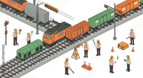 Isometric railway construction scene with trains and workers in safety gear