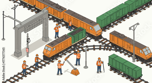 Isometric train yard scene with workers and railway tracks in motion