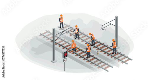 Construction workers on railway tracks in isometric view