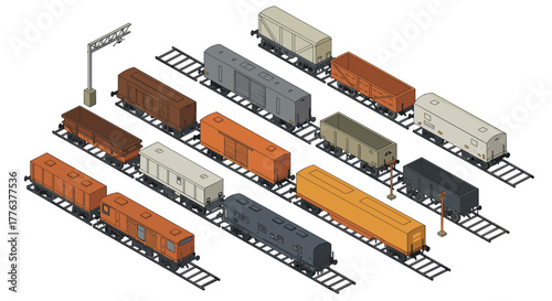 Isometric train composition set with diverse rail cars on tracks