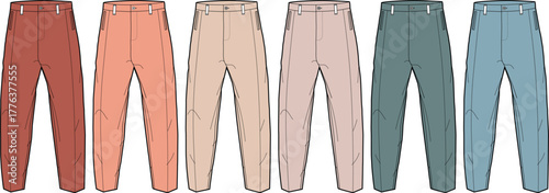 Collection of casual trousers in various pastel colors for men and women