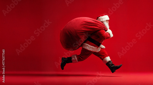 Santa claus running delivering presents with gift sack
