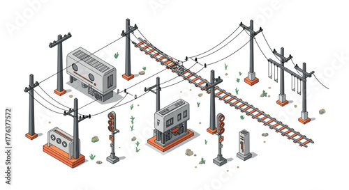 Isometric railway crossing with signal lights and power lines