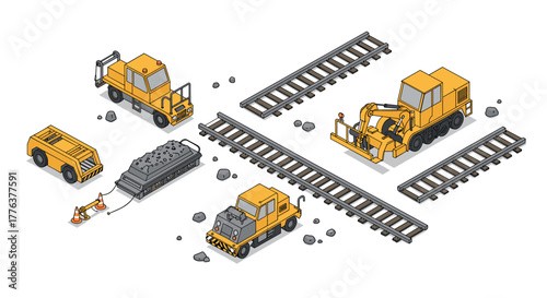 Isometric construction vehicles and railroad tracks with heavy machinery on white background