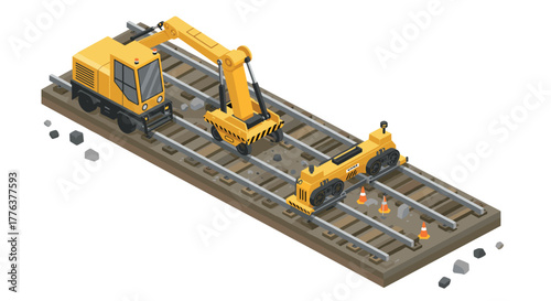 Isometric construction equipment on railway track with excavator and maintenance train