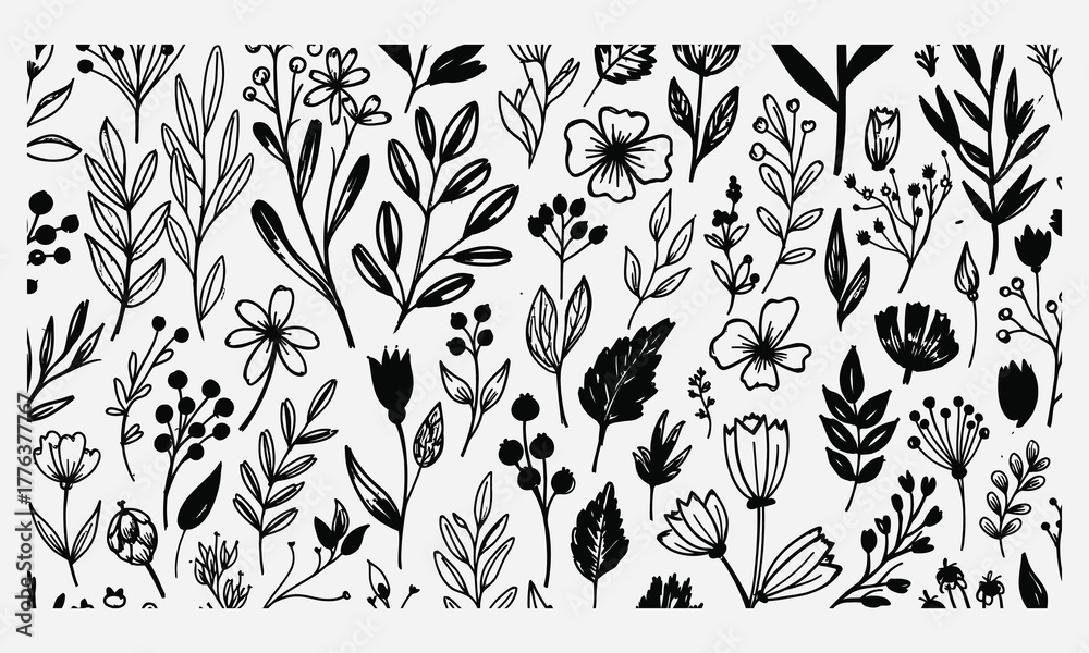 Fototapeta premium Botanical Illustration Collection Black and White Flower and Plant Vector Set