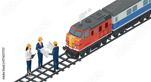 Engineers discuss blueprint near locomotive on railway tracks in isometric style