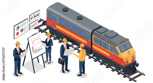 Isometric train engineers analyzing rail project with business charts