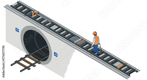 Isometric construction worker on railway bridge over tunnel entrance