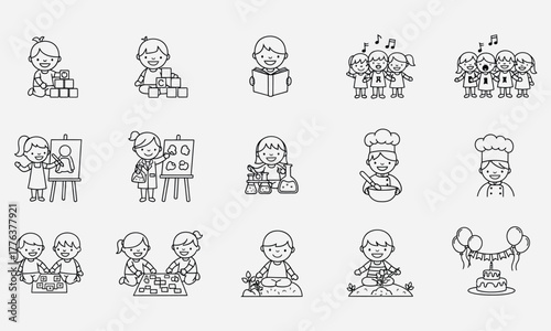 Vector Icons Children Playing, Learning, Cooking, and Celebrating