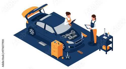 Isometric auto repair scene with mechanics and open car