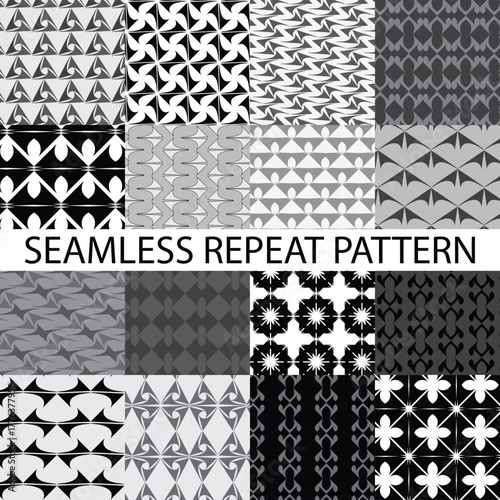 Sixteen seamless repeat pattern designs in grey, white, and black for textiles, fabrics, garments, clothing, wallpaper, sheets, tile, backdrops, decor, paper, and motif industrial illustration.