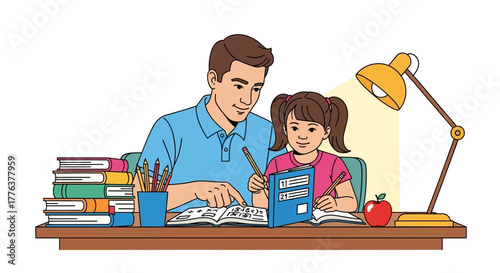 Father and Daughter Learning Together at Desk Illustration