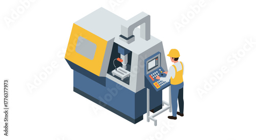 Isometric cnc machine with operator in safety gear