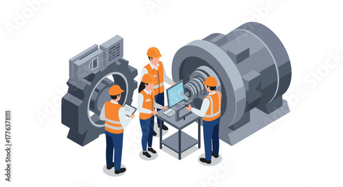 Isometric engineers collaborating on industrial machinery design