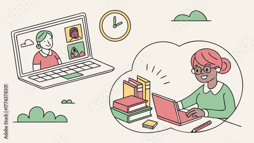 Online education concept with student learning remotely from home, watching video lessons, and interacting with teachers