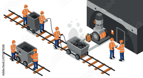 Isometric mining factory workers operating machinery on railway tracks