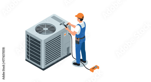 Isometric hvac technician repairing air conditioning unit