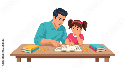 Caring father helping his daughter with her homework, providing guidance and support for her education at home