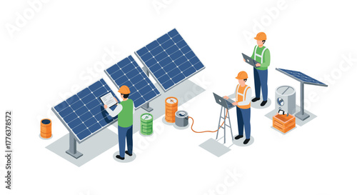 Isometric solar panel maintenance with technicians and equipment