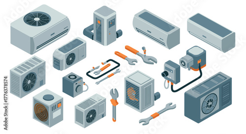 Isometric air conditioning and hvac repair tools set in modern design