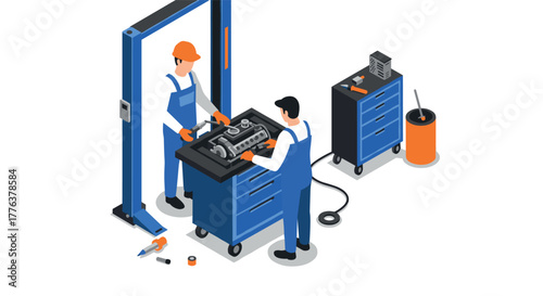 Isometric garage workshop with mechanics working on engine repair